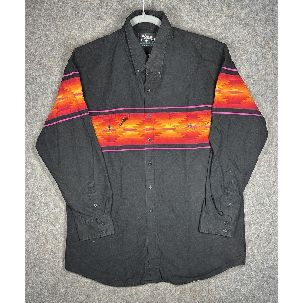 Vintage Roper Border Western Shirt Mens XL Black Aztec Southwest Y2K